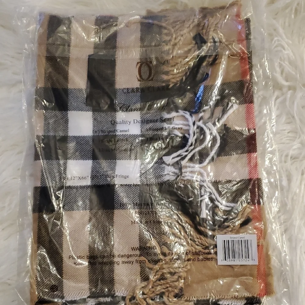 New Clara Clark Tan and Black Plaid Scarf